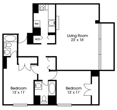 Floor plan for 2 beds, 2 baths, 1076 sqft